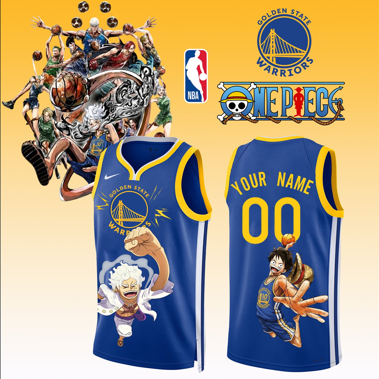 _ONE PIECE × NBA Golden State Warriors 2025 Jersey ( Custom Name & Number ) 3