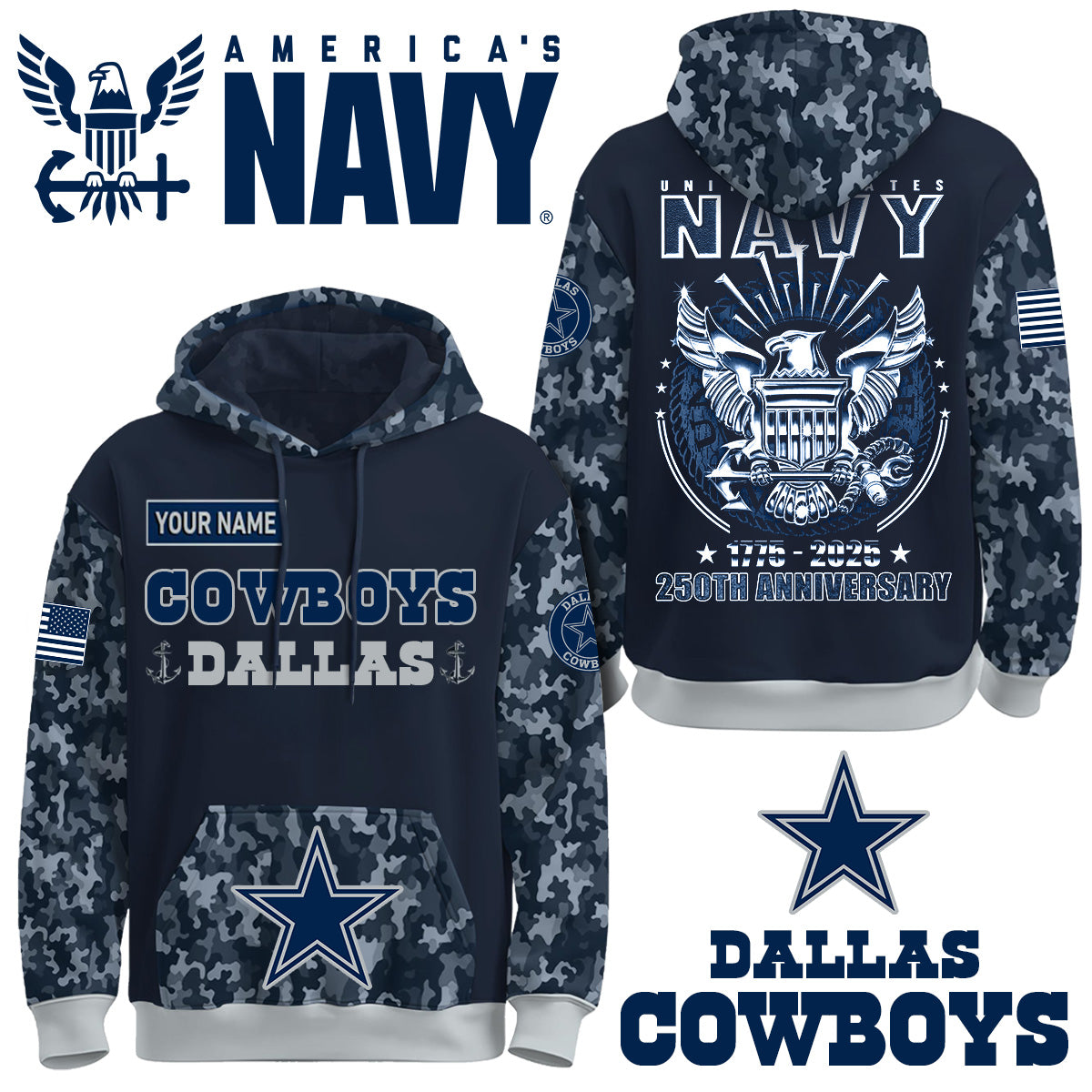 Dallas Cowboys x U.S Navy 250th Birthday Anniversary-3D Unisex Hoodie