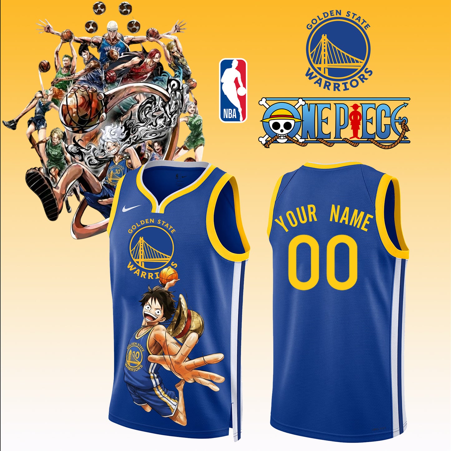 _,,ONE PIECE × NBA Golden State Warriors 2025 Jersey ( Custom Name & Number ) 1