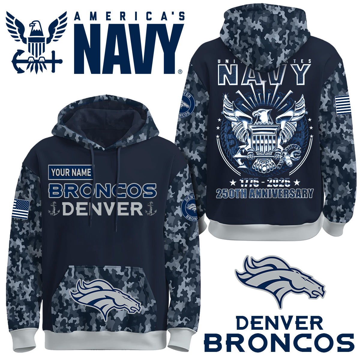 Denver Broncos x U.S Navy 250th Birthday Anniversary-3D Unisex Hoodie
