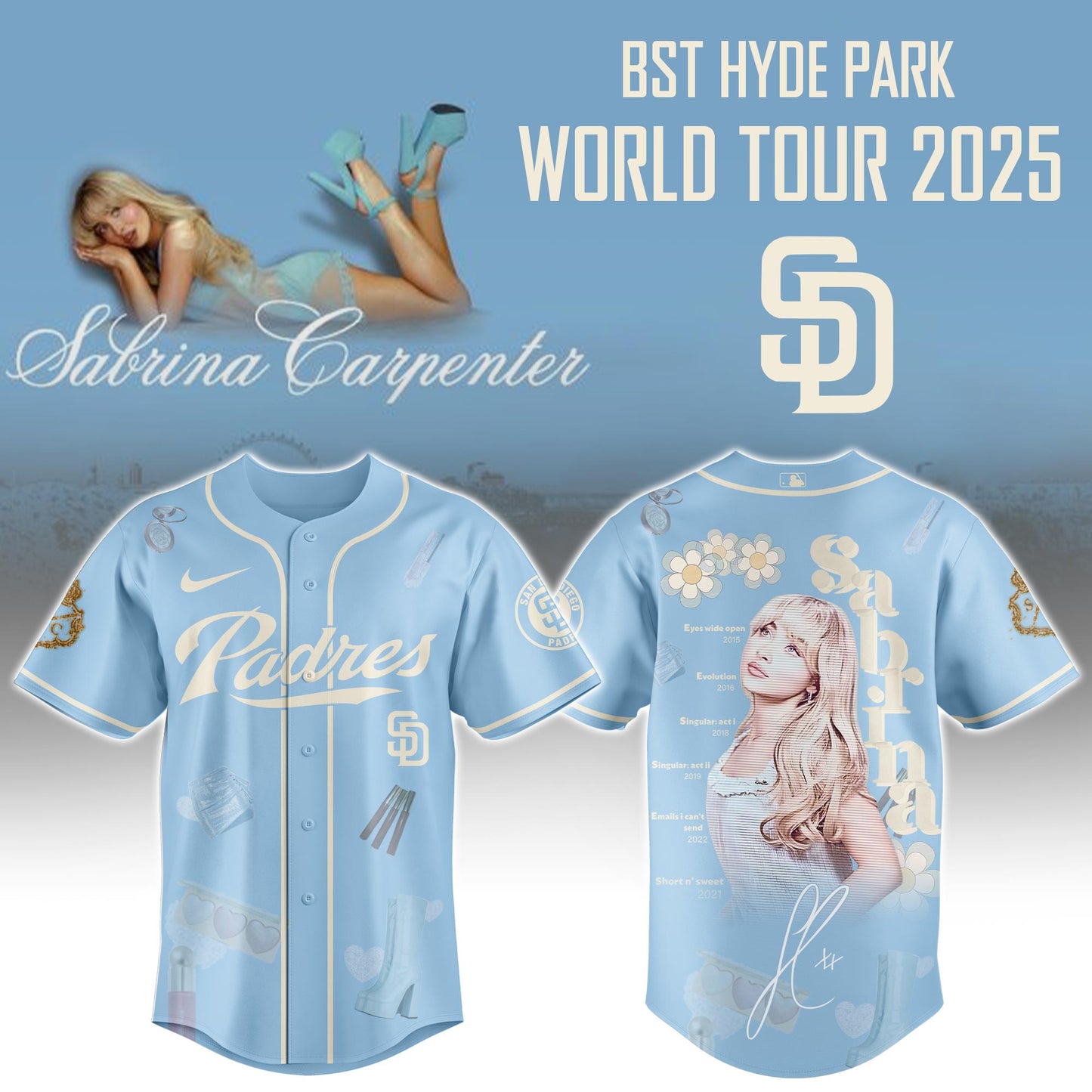 S D Padres x Sabrina Carpenter "Short n’ Sweet Tour" Jersey Editions Limited +Selling Out Fast