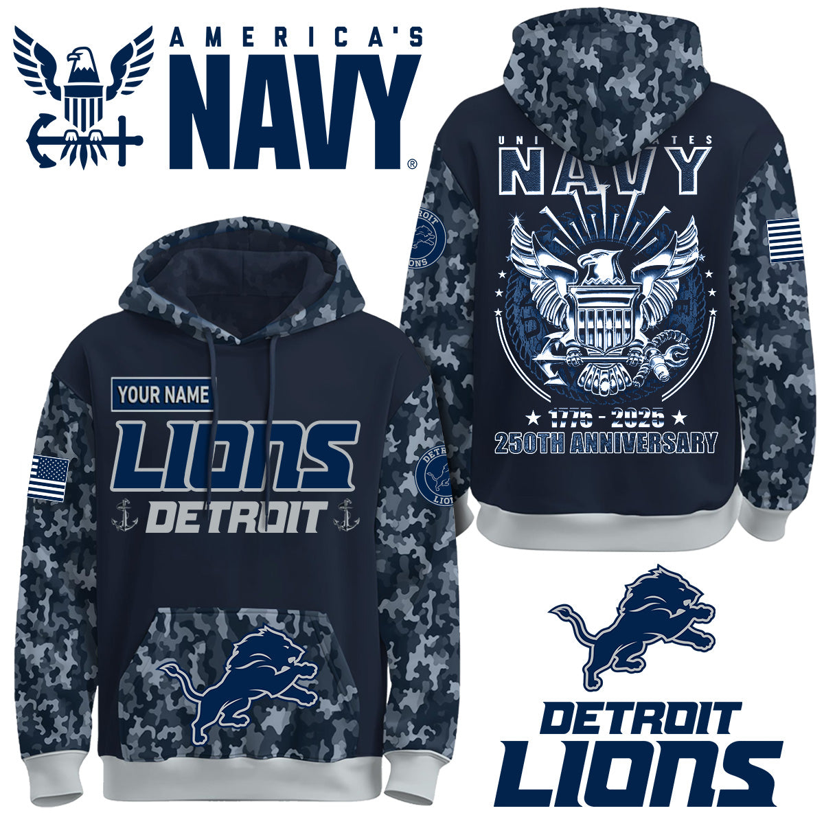 Detroit Lions x U.S Navy 250th Birthday Anniversary-3D Unisex Hoodie