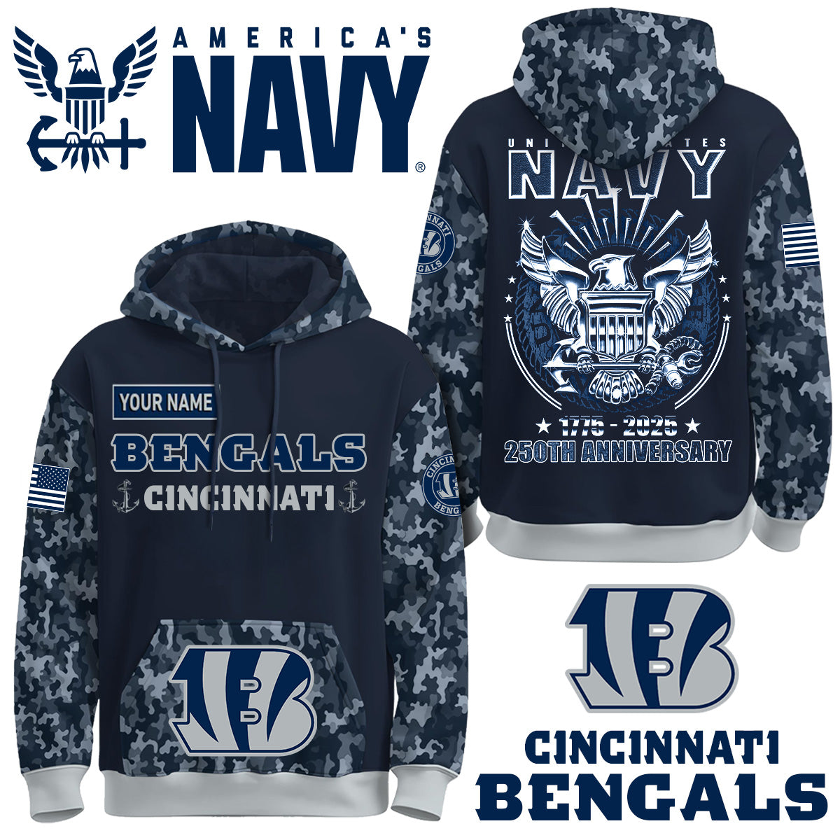 Cincinnati Bengals x U.S Navy 250th Birthday Anniversary-3D Unisex Hoodie
