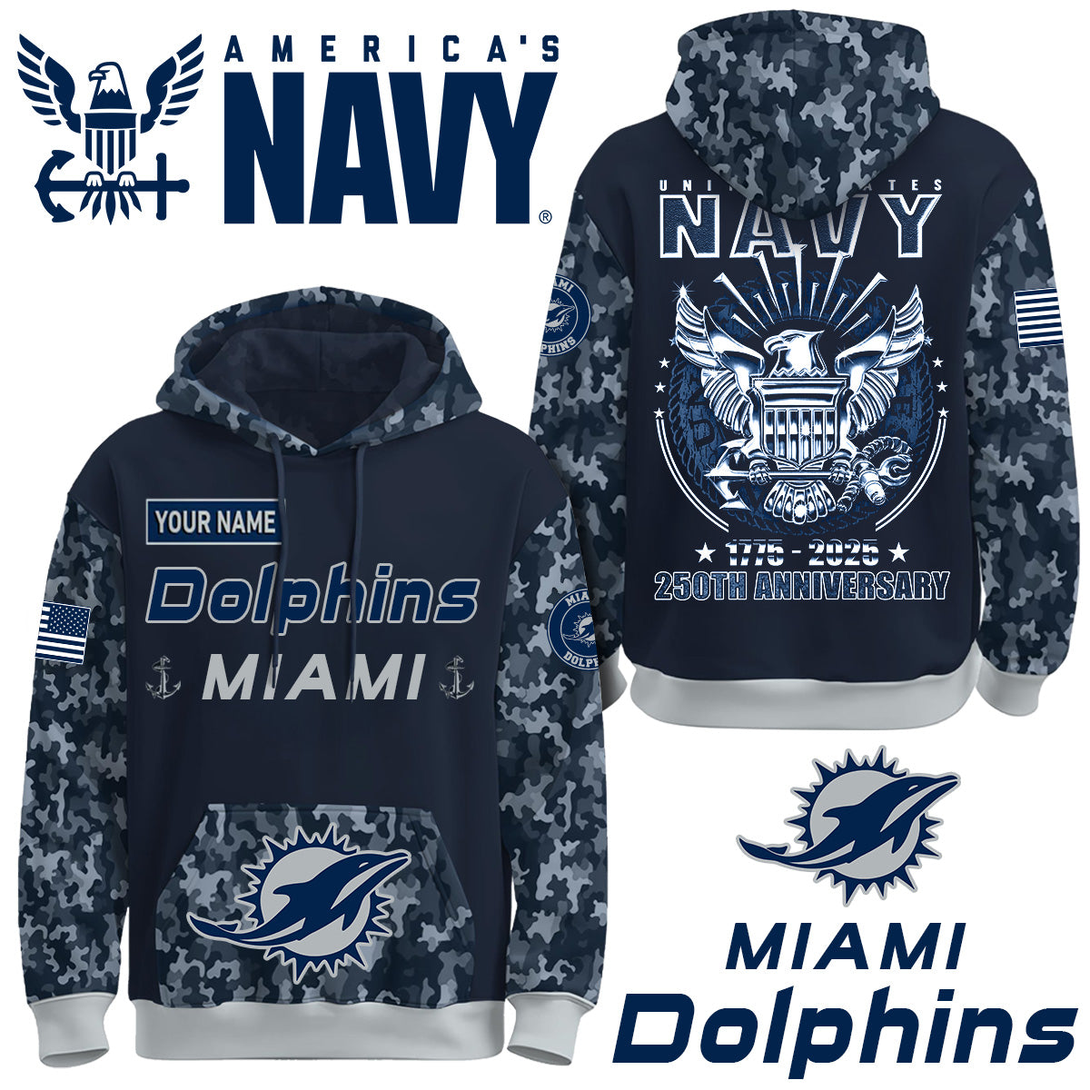 Miami Dolphins x U.S Navy 250th Birthday Anniversary-3D Unisex Hoodie