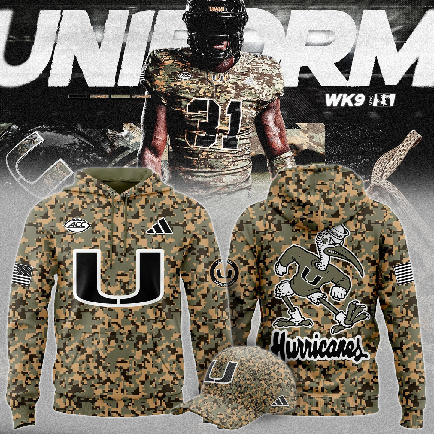 Miami Hurricanes Football x Military Camo Mode Hoodie 2025