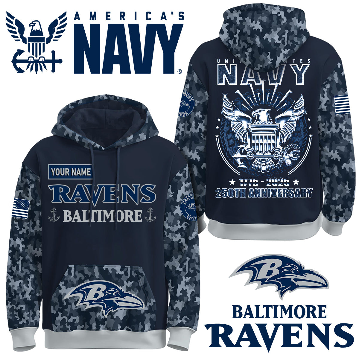 Baltimore Ravens x U.S Navy 250th Birthday Anniversary-3D Unisex Hoodie