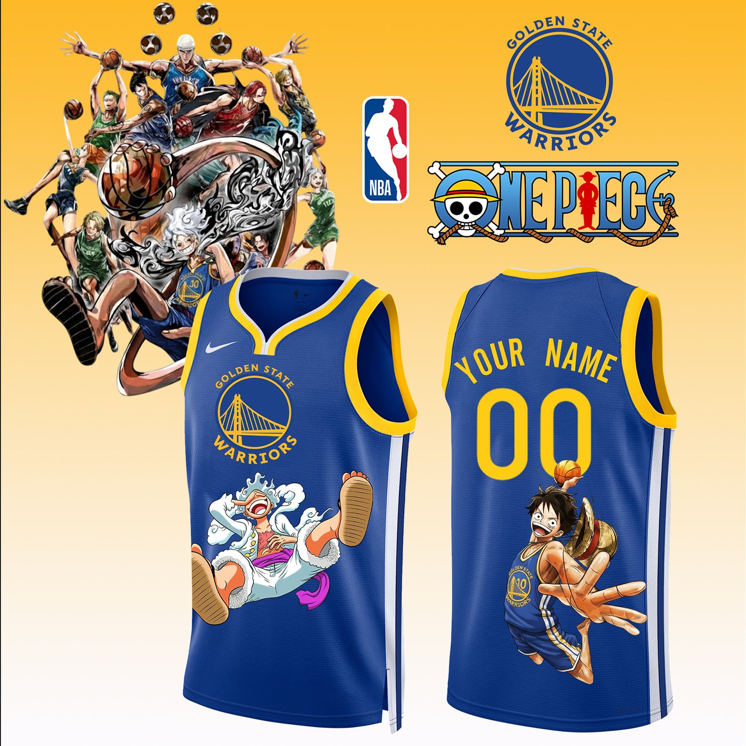 _,ONE PIECE × NBA Golden State Warriors 2025 Jersey ( Custom Name &amp; Number ) 2