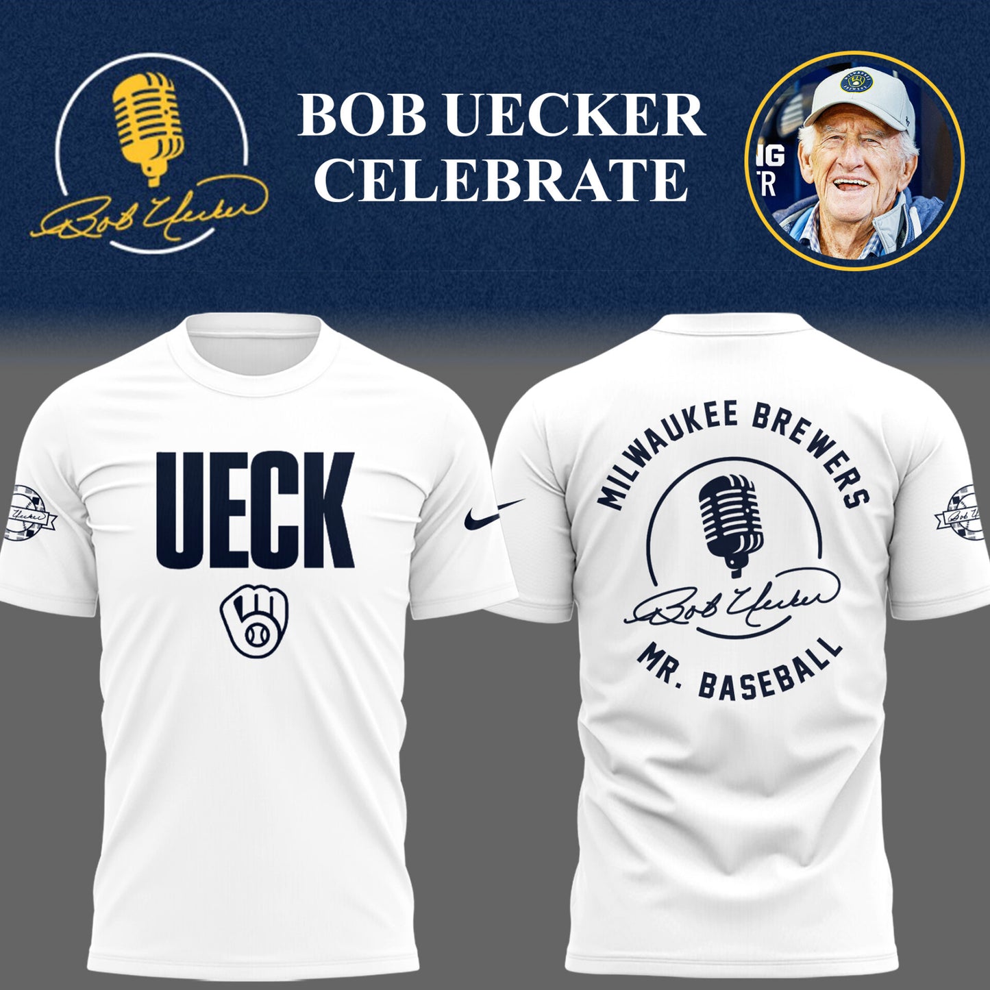 Limited Edition Brewers Baseball Honoring Mr. Baseball Bob Uecker Wh TShirt