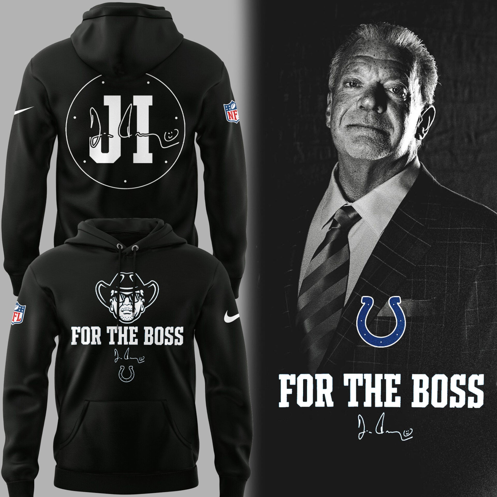 Limited Edition Colts FB In honor of Jim "For The Boss" Black Hoodie-PU25090775