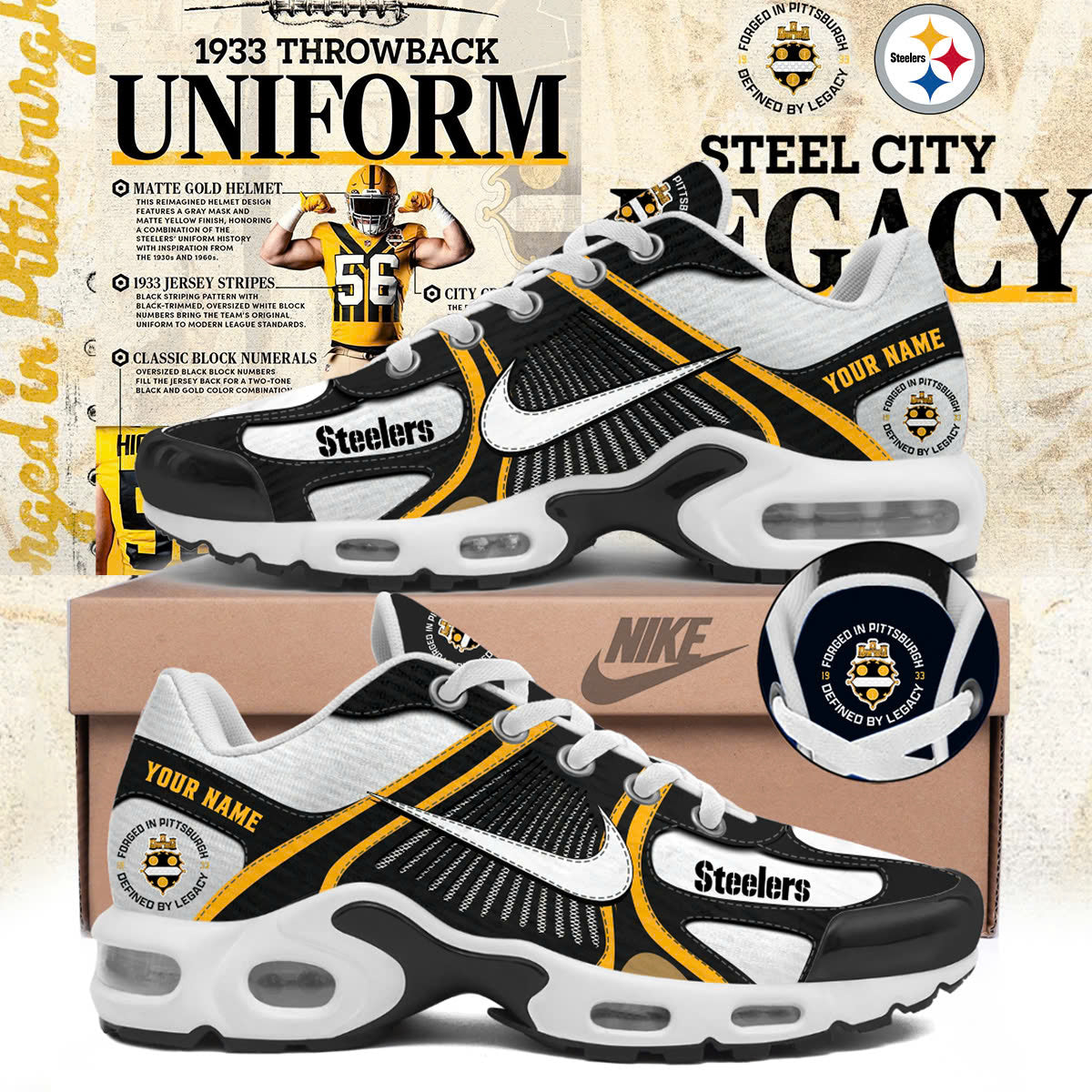 .Pittsburgh Steelers DK Metcalf Gold Alternate 1933 Throwback Game Shoe